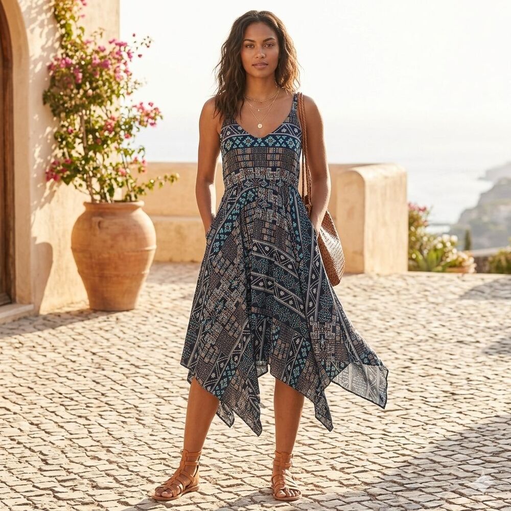 Casual Couture by Green Envelope Geometric Print Handkerchief‎ Hem Midi Dress M